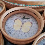 Tray Set and 5 Butterfly Aperitif Coasters - Bamboo and Rattan - Vintage