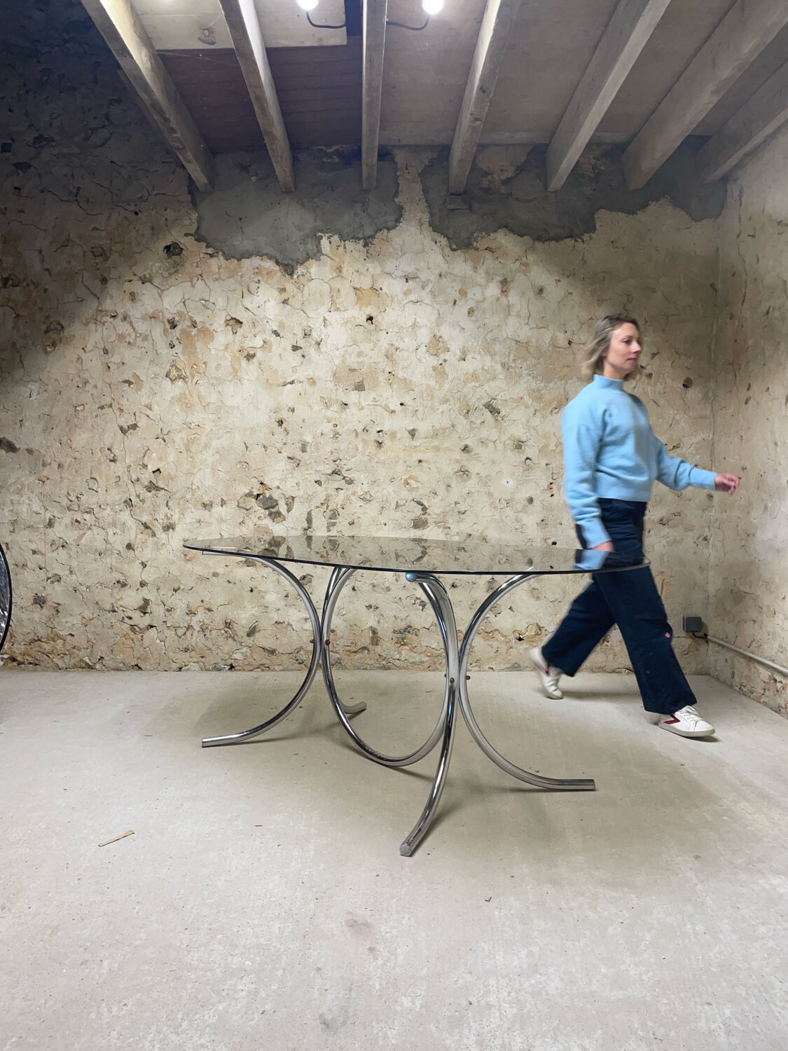 Smoked glass oval table from the 1970s.