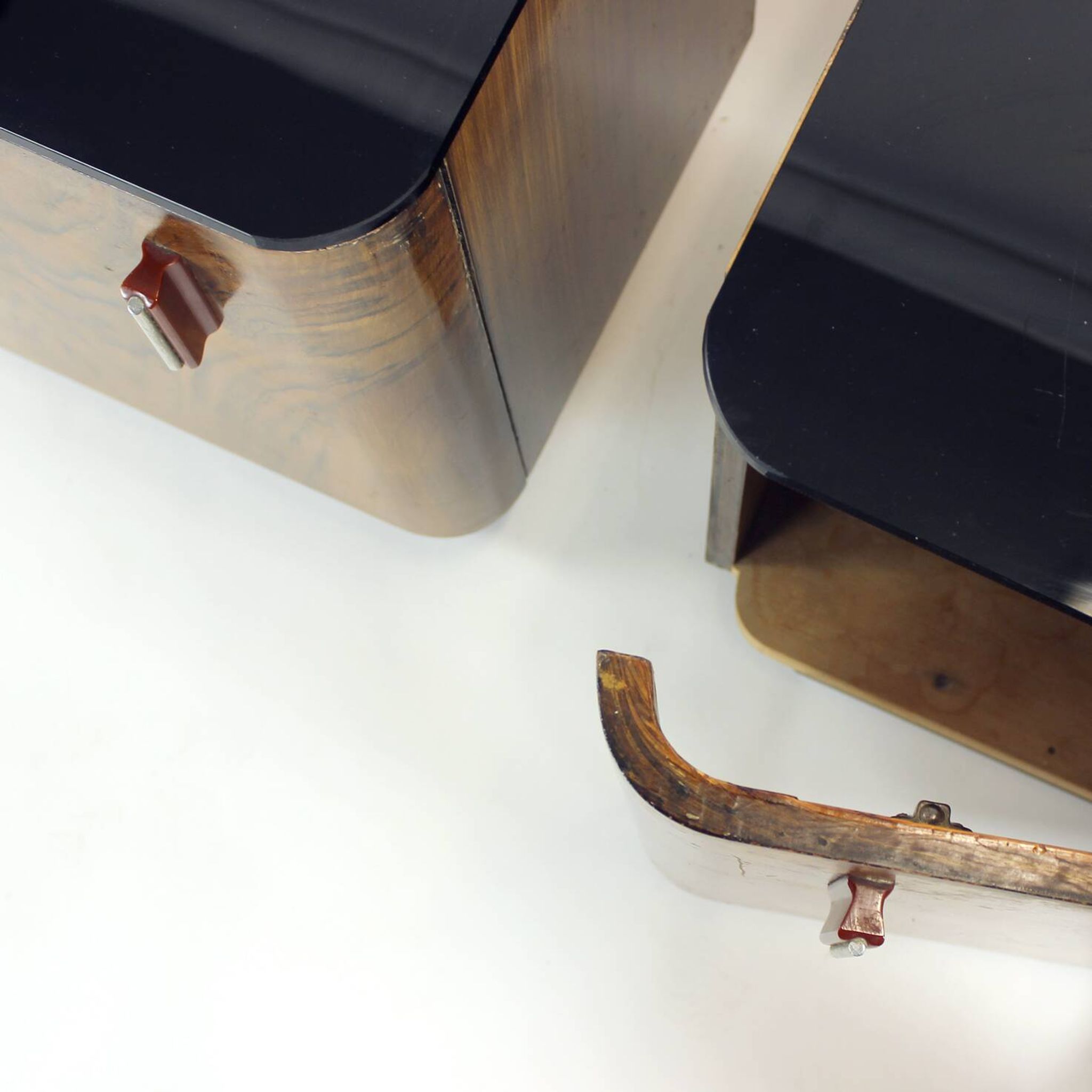 Pair Of Art Deco Bedside Tables With Faux Wood Graining & Glass, Czechoslov