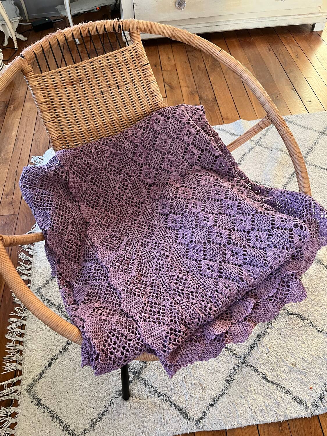 Vintage mauve lilac crocheted bedspread