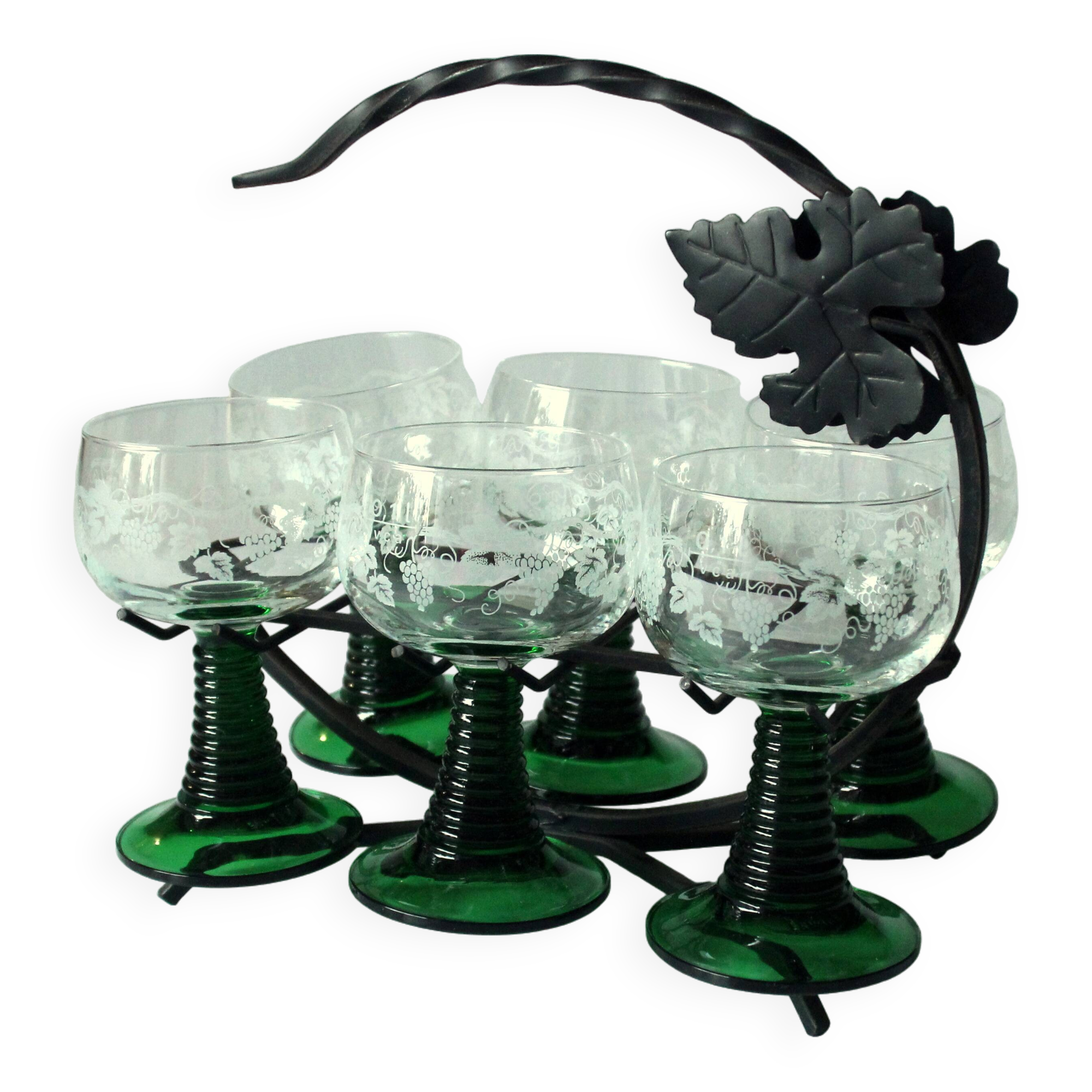 6 Roemer wine glasses with engraving on a handmade wrought iron stand, vintage