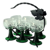 6 verres à vin Roemer avec gravure sur un support en fer forgé fait main, vintage