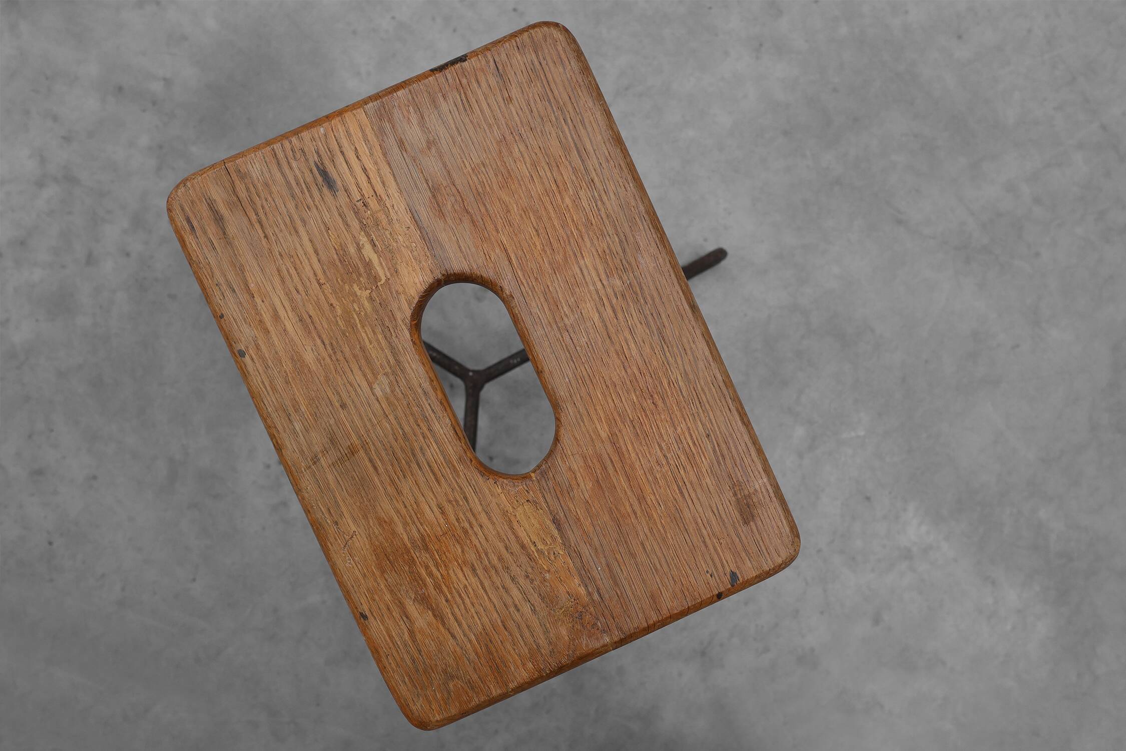 Modernist Industrial Iron and Oak Split Slats Stool, France ca. 1910