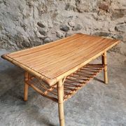 Vintage bamboo and rattan coffee table with magazine rack, French, circa 1960–1970.