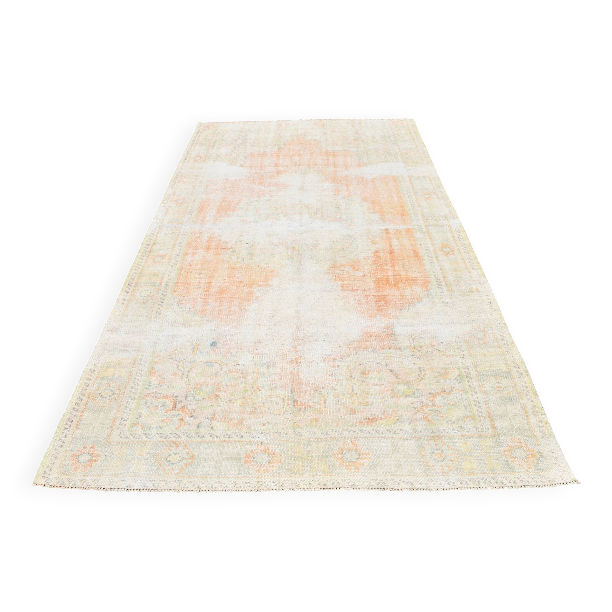 Tapis Oushak Vintage, Laine Turque Pêche & Ivoire, 179x294 Cm