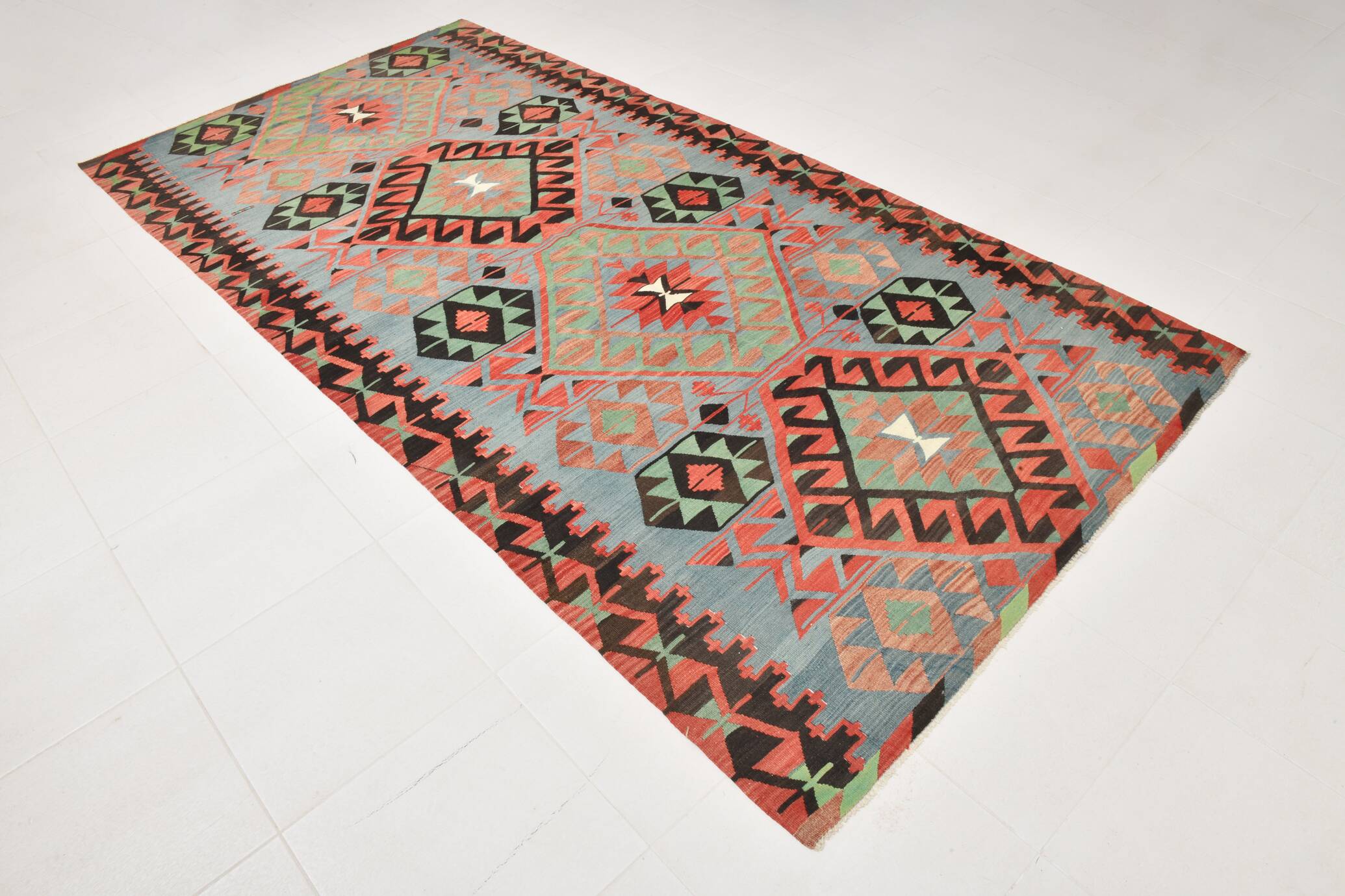 Kilim vintage anatolien tons bleu, vert et rouge géométrique, 160x317 Cm