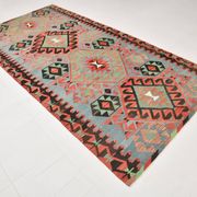Kilim vintage anatolien tons bleu, vert et rouge géométrique, 160x317 Cm
