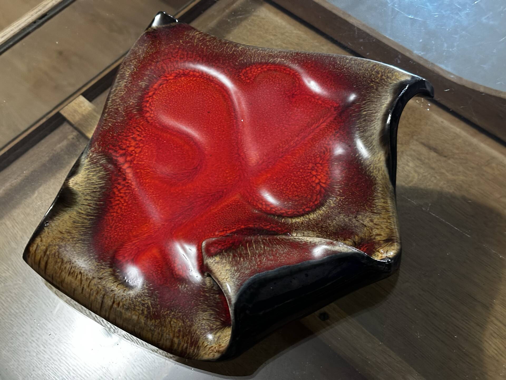 glazed red ceramic vide-poche signed - 1960s