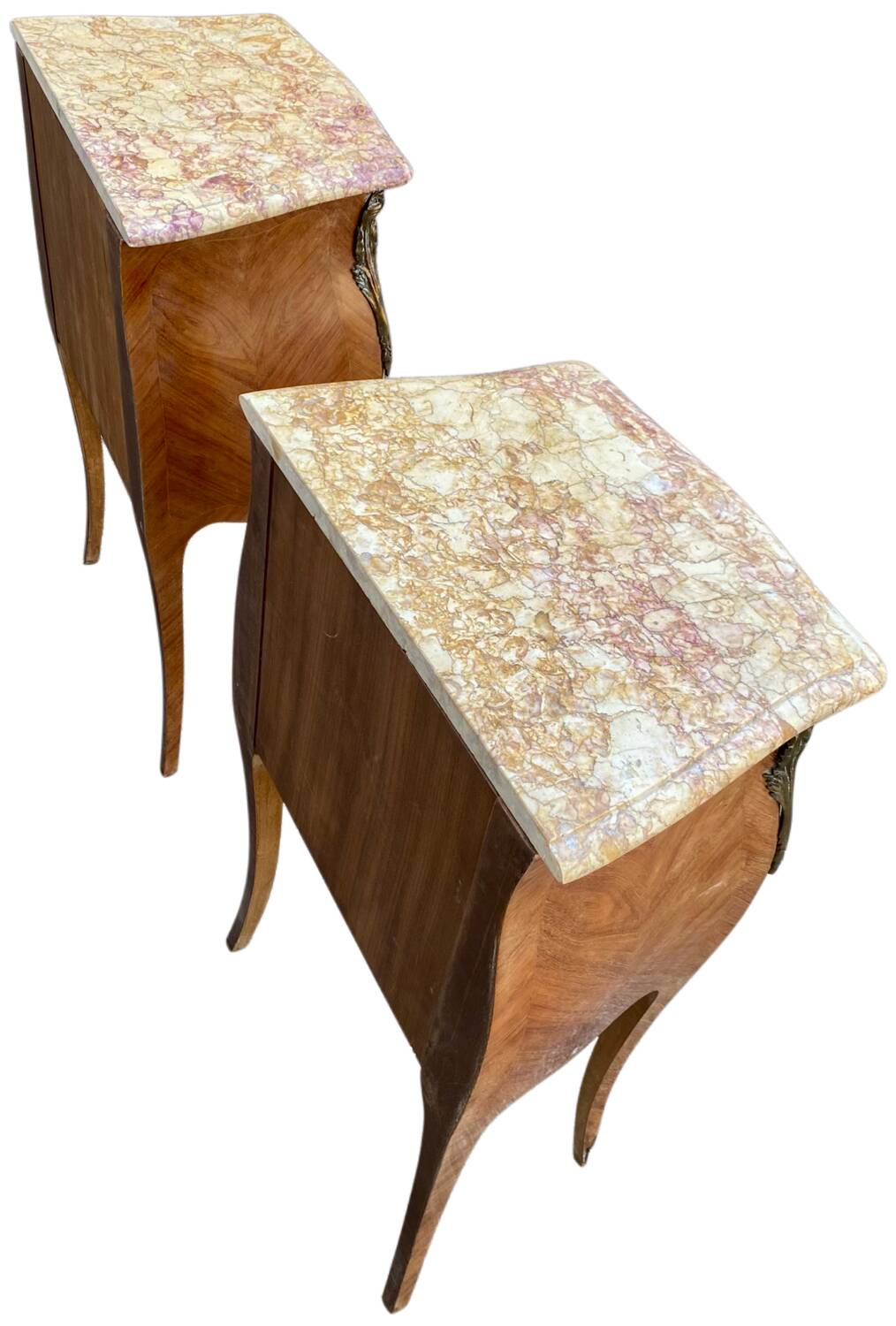 Pair of bedside tables in marquetry – veined marble top – Louis XV style