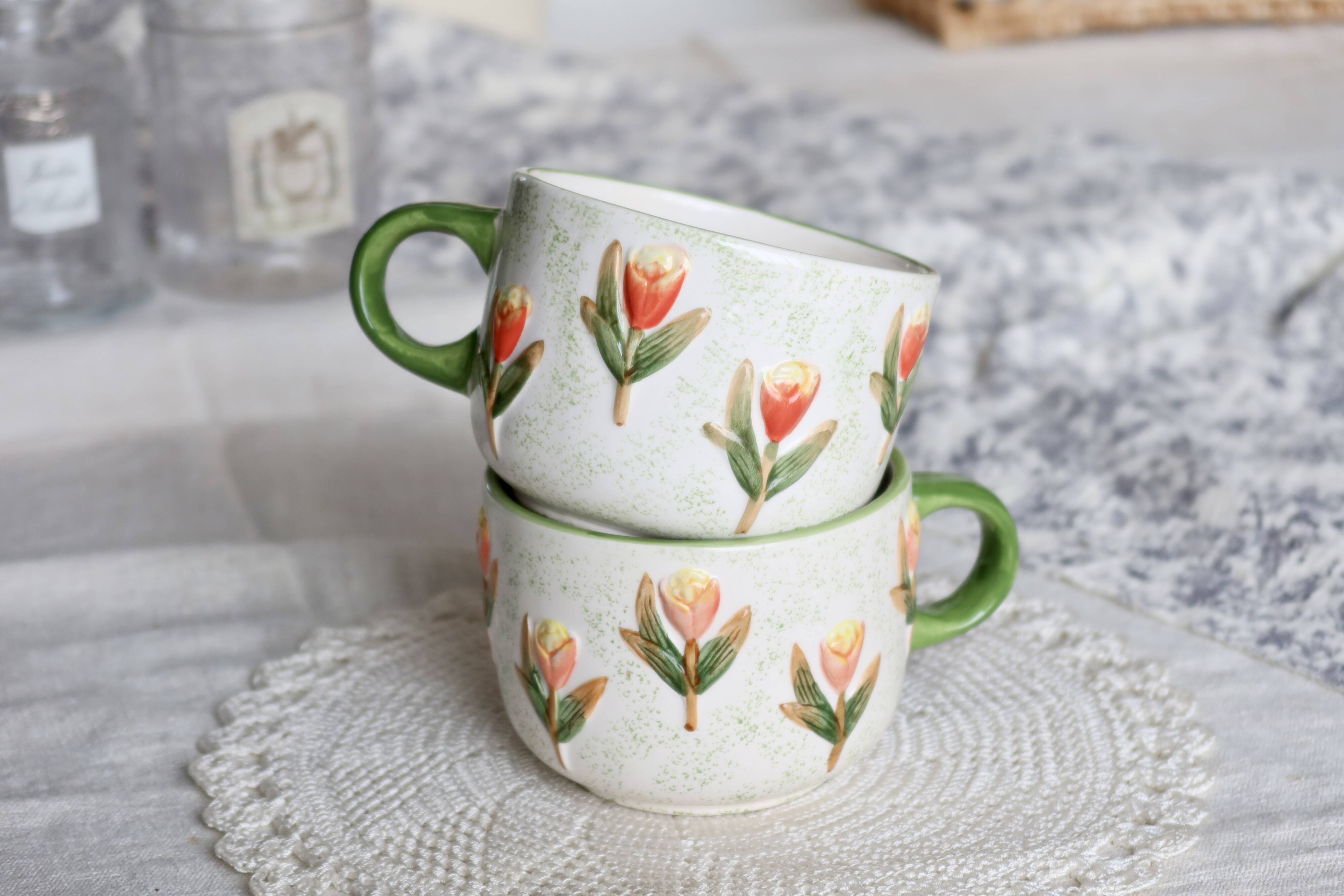 Vintage slip cups / mugs - Tulip pattern - Orange and green tones