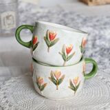 Vintage slip cups / mugs - Tulip pattern - Orange and green tones