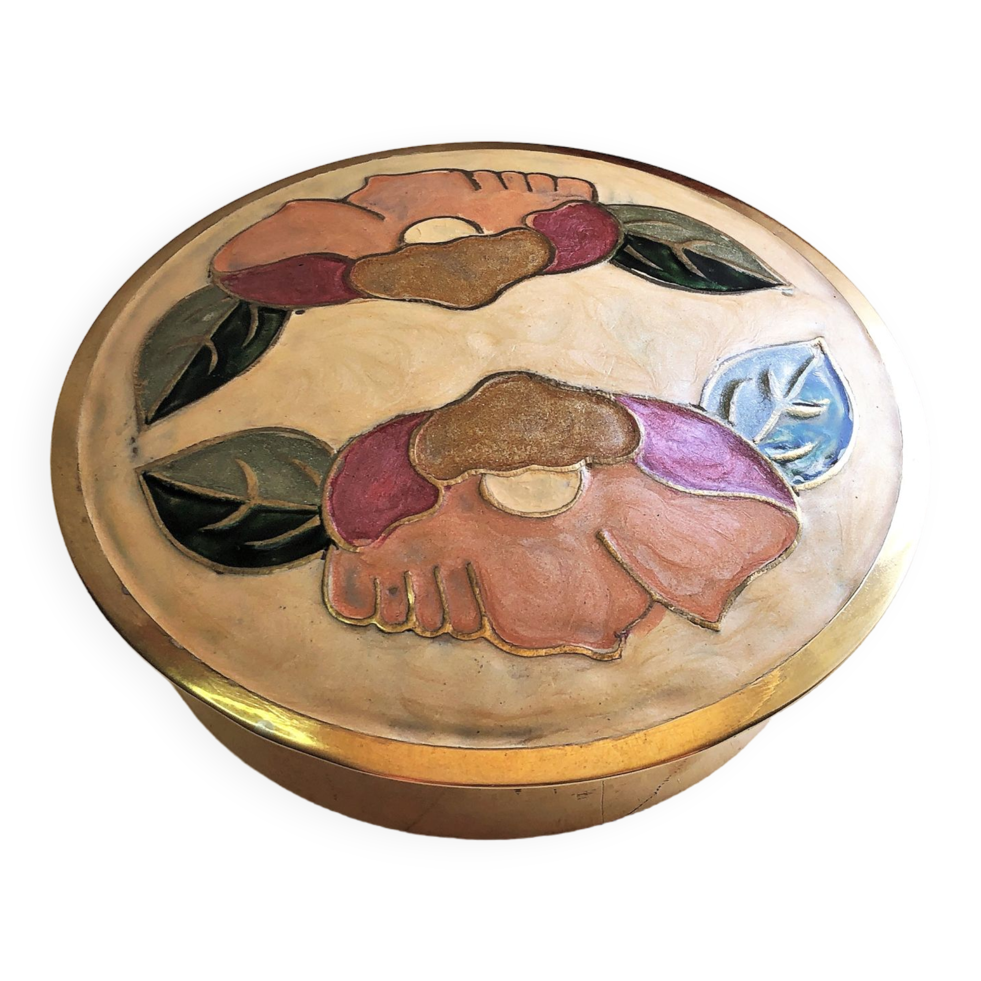 Round box enamelled brass floral decoration of India