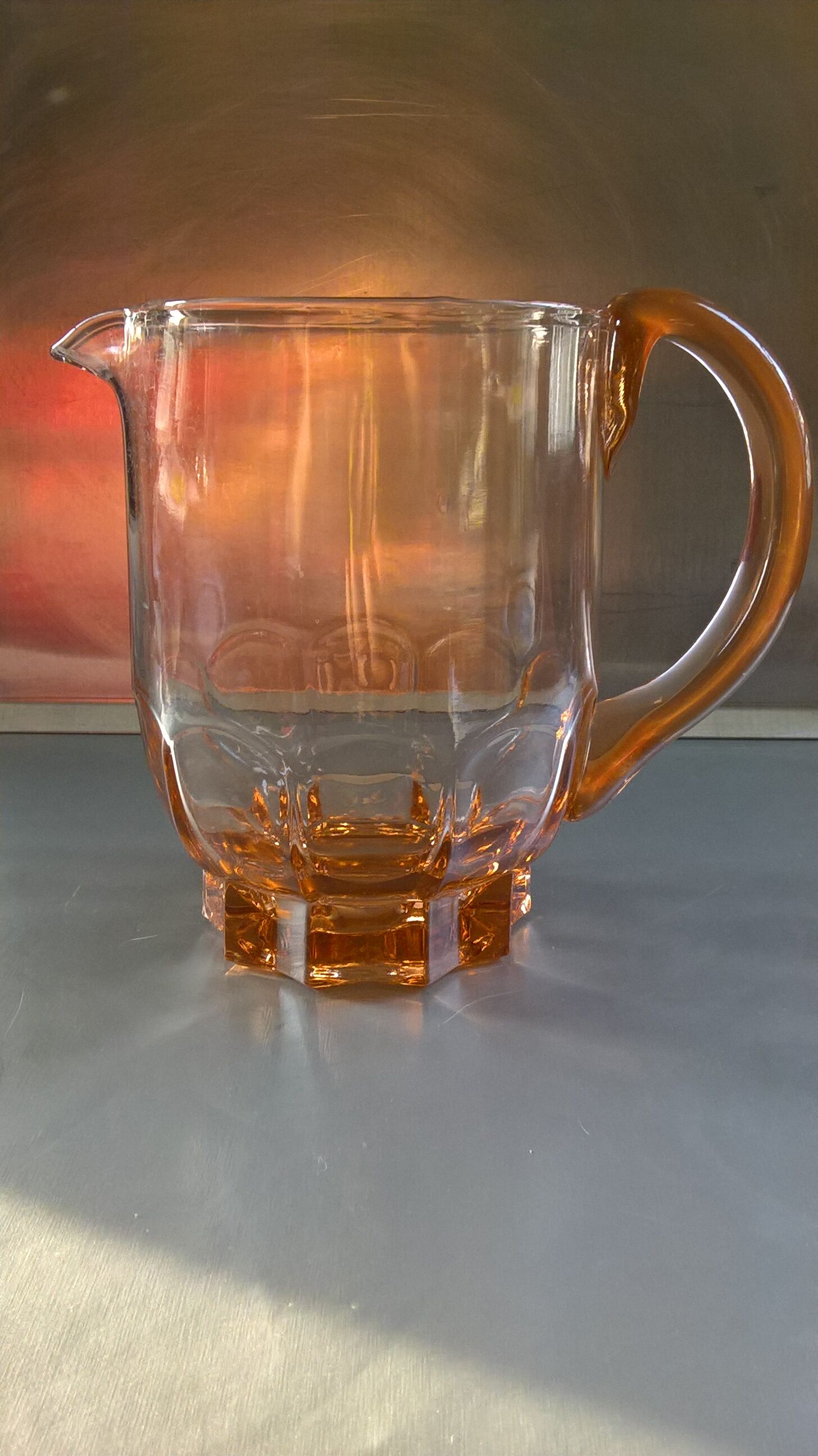 Vintage pink moulded glass water pitcher, 40-50s.