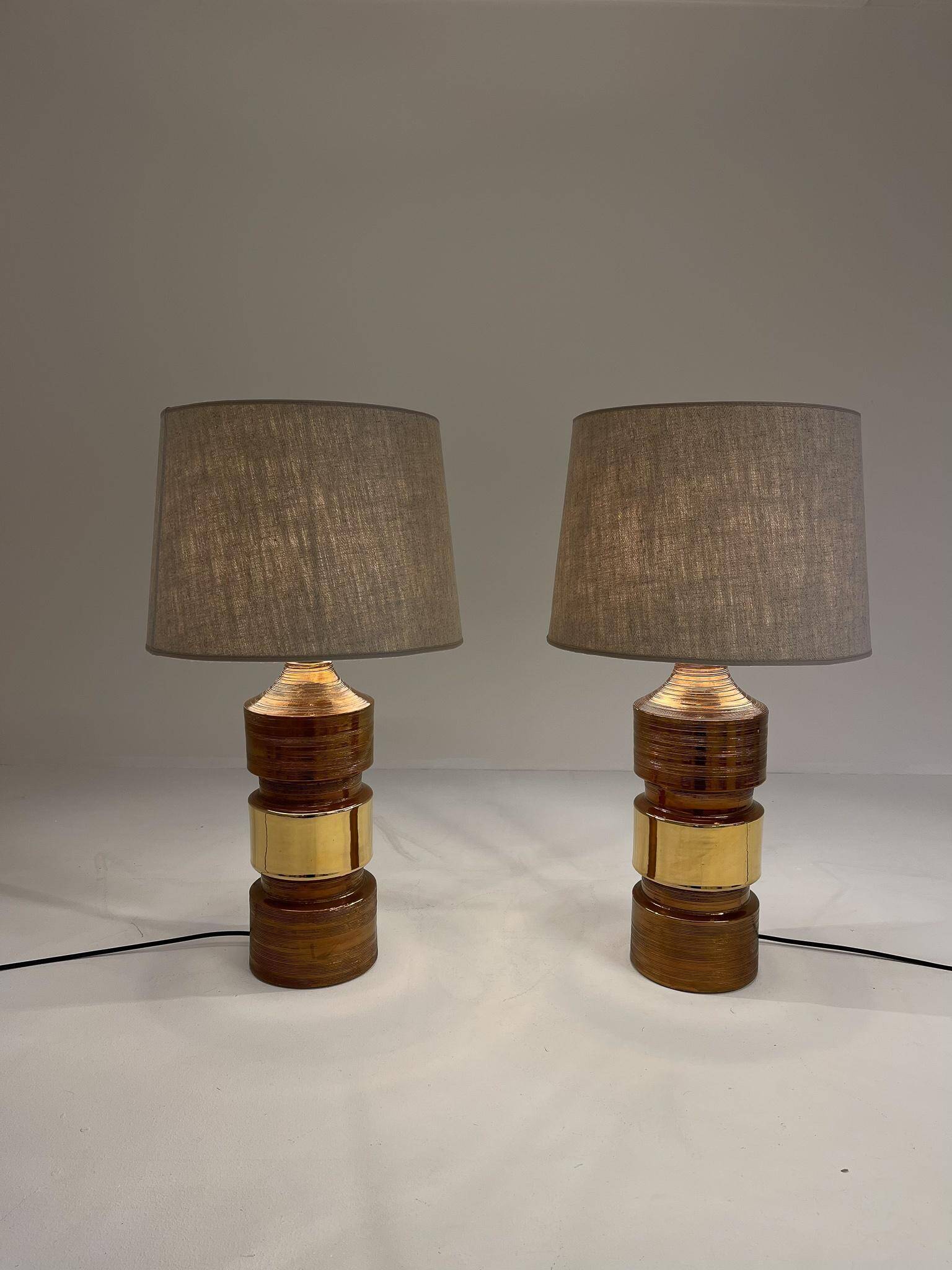 Pair of Bergboms Bitossi brass table lamps, large mid-century, 1960s, Sweden.