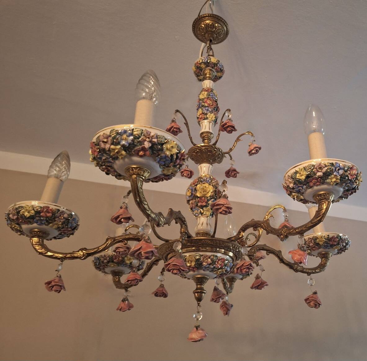 Lustre vintage Boho en laiton doré à 6 bras
