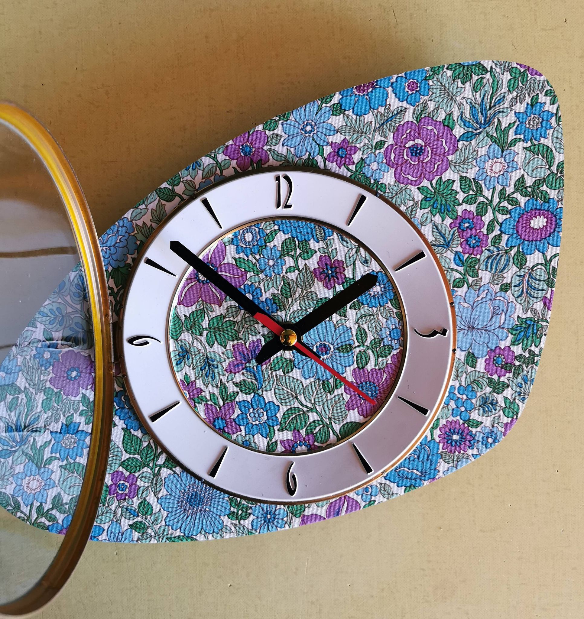 Vintage formica clock silent asymmetrical wall pendulum "Flowered blue purple"