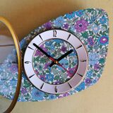 Vintage formica clock silent asymmetrical wall pendulum "Flowered blue purple"