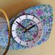 Vintage formica clock silent asymmetrical wall pendulum "Flowered blue purple"