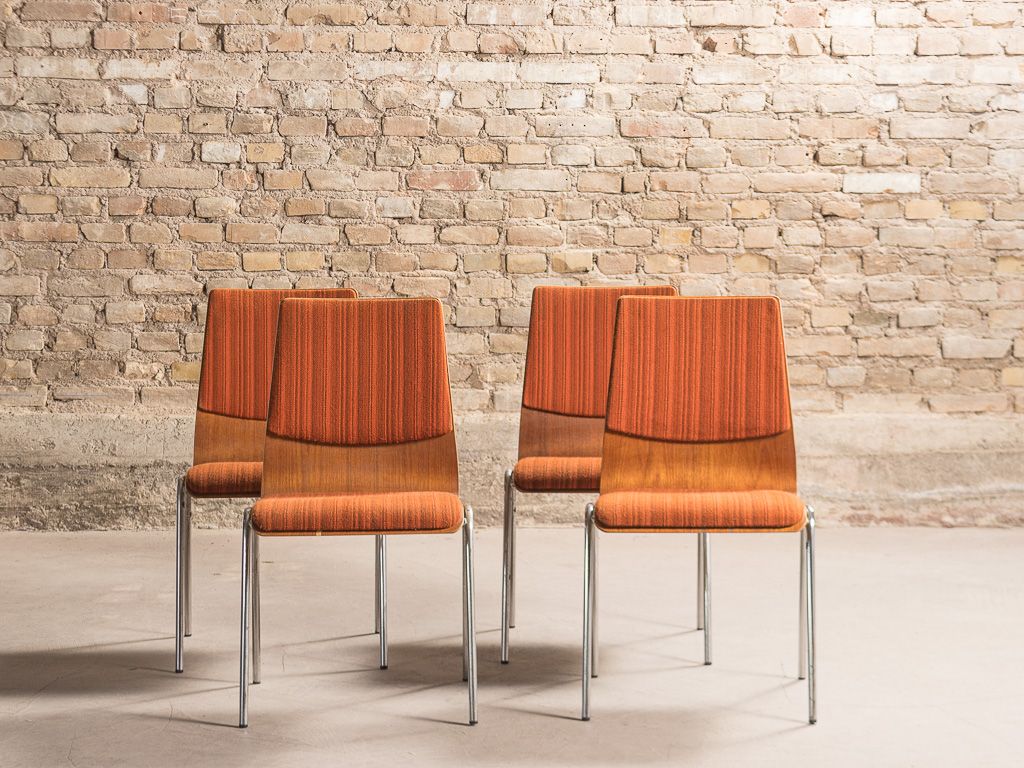 Set of 4 vintage chairs with a chrome steel base, teak backrest and seat
