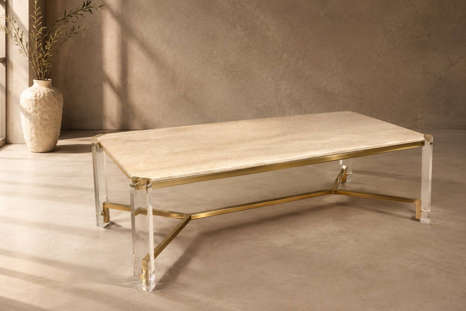 1970s dining table in travertine, gold metal and plexiglass.