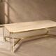 1970s dining table in travertine, gold metal and plexiglass.