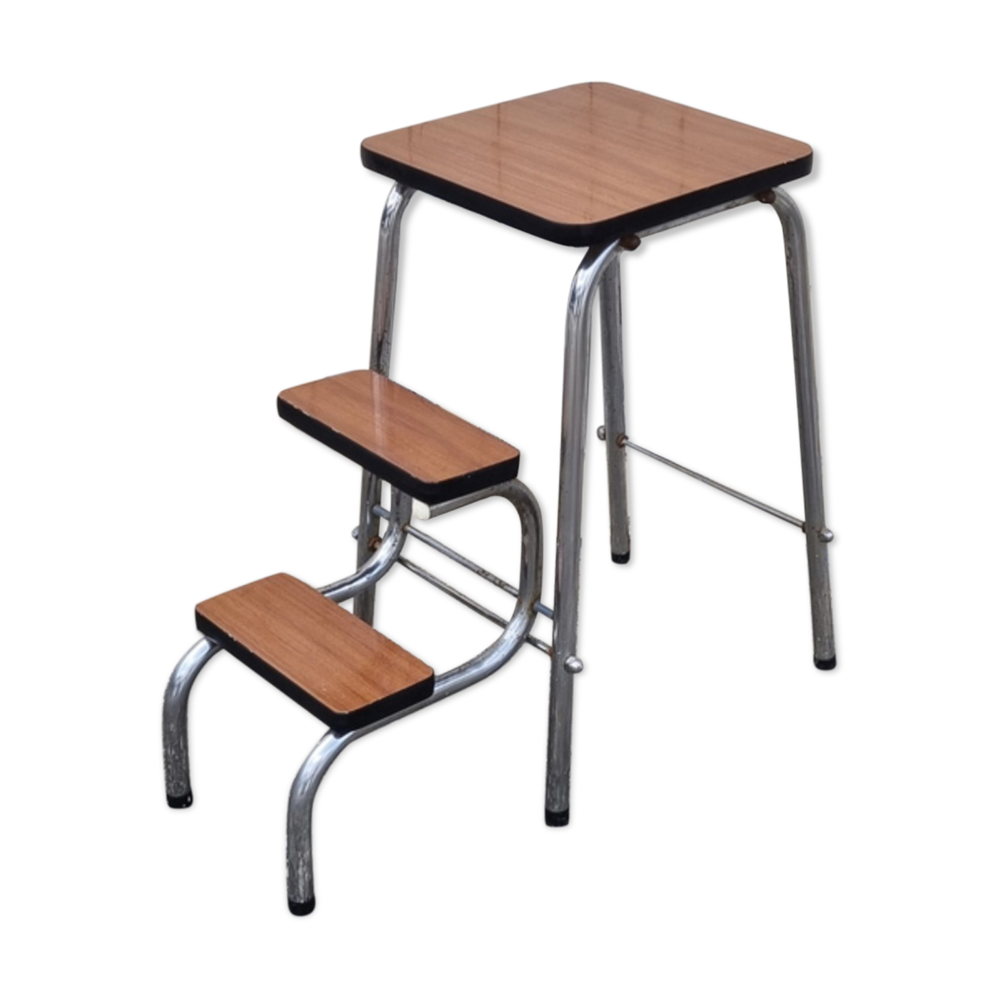 Foot walking stool, stepladder, brown formica, 60s