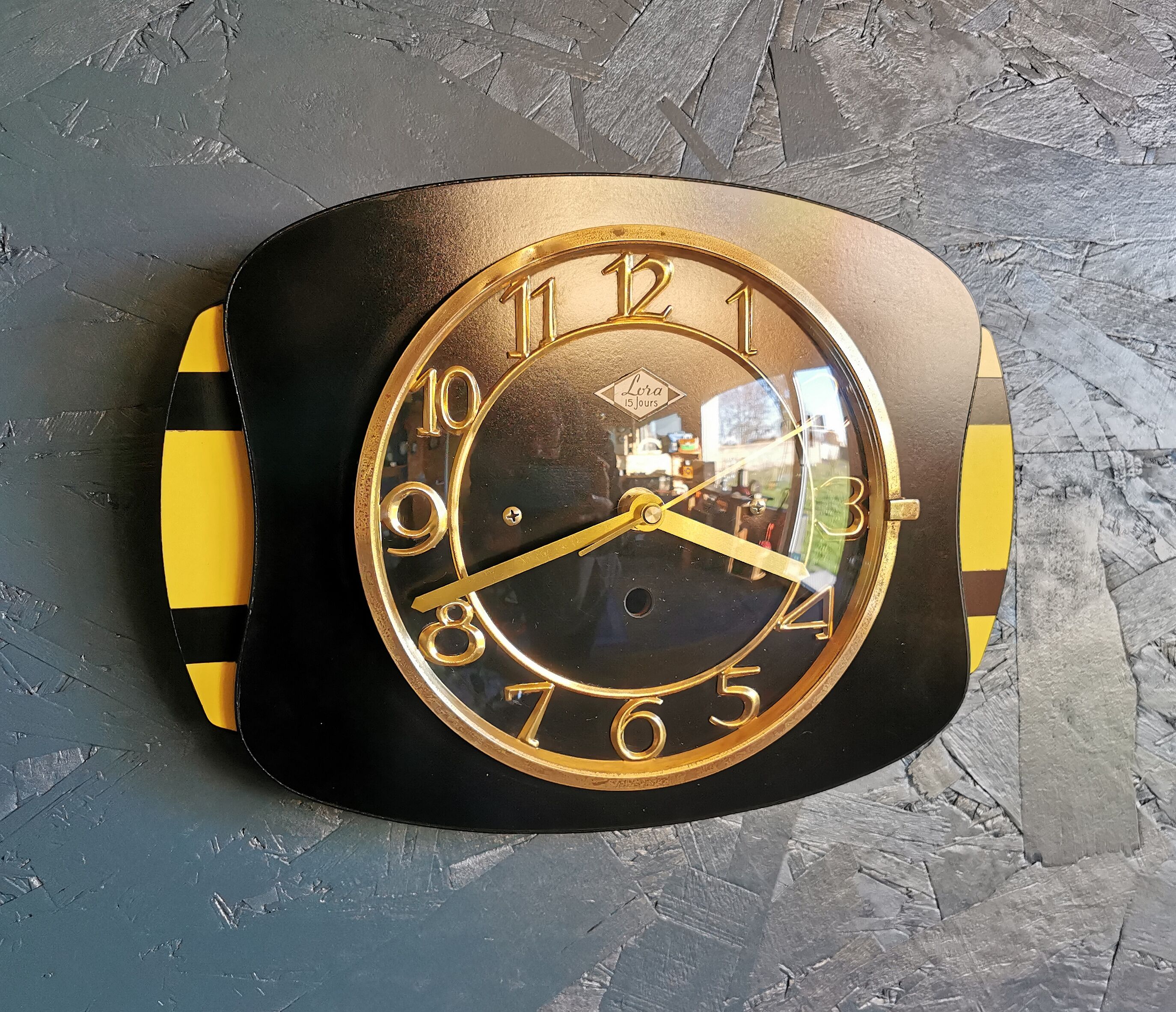 Vintage formica clock rectangular silent wall clock "Lora black yellow"