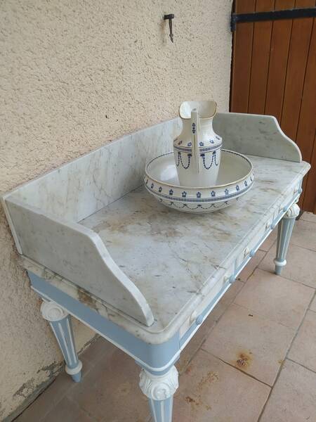 Vanity unit, wooden and marble dressing table in Louis XVI style.