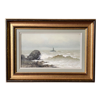 Oil on cardboard Coastal landscape Maurice Proust Raging sea XXth