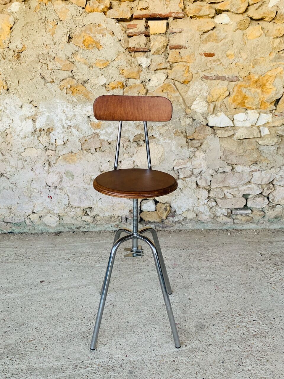 Vintage industrial metal and wood stool with adjustable swivel seat, 1960's
