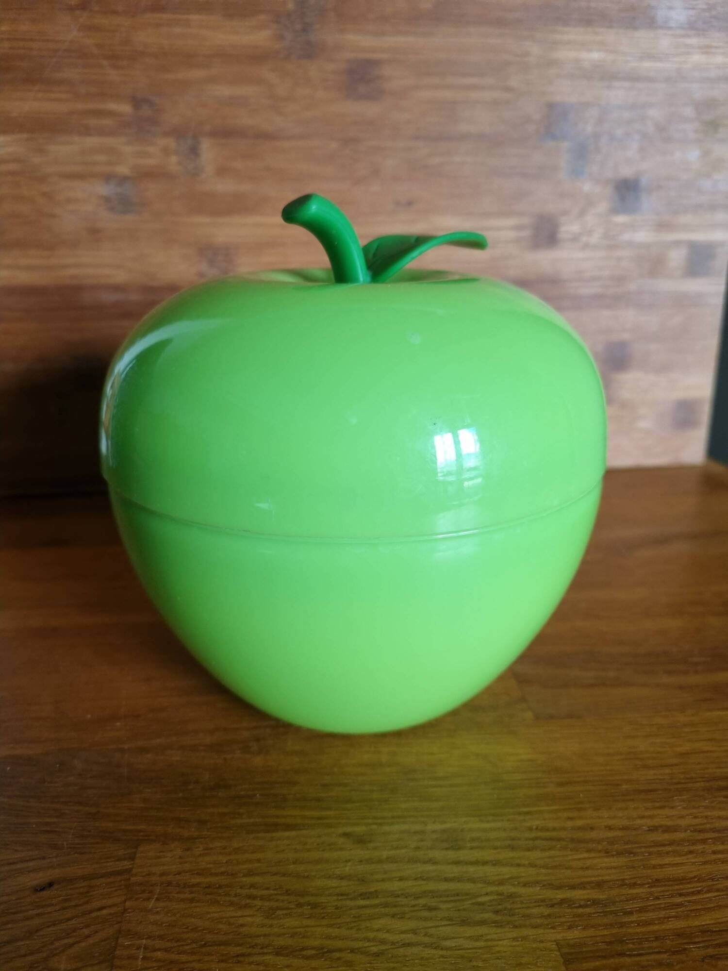 Thermal ice bucket in the shape of a green apple, 1970s style.