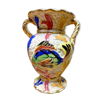 Vase Vallauris vintage décor poissons dorure années 60,70'