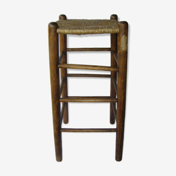 Tabouret ancien en bois et paille