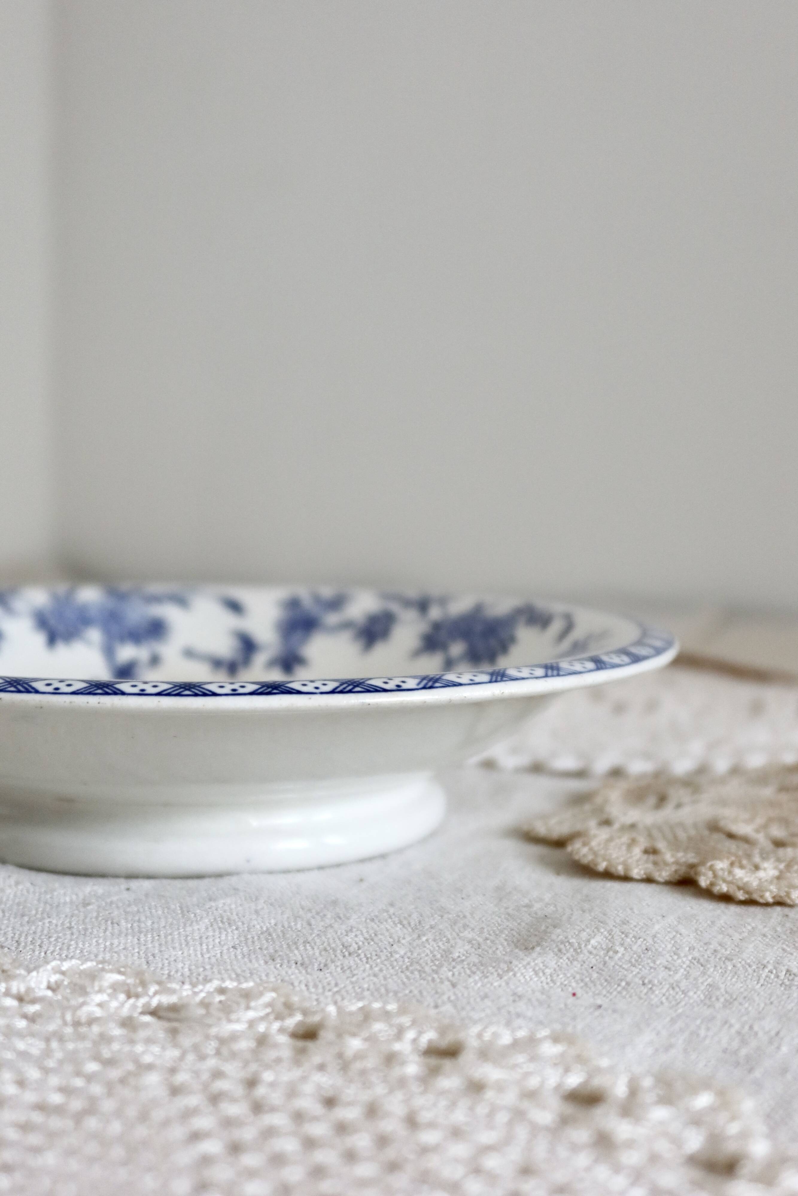 Vintage porcelain pedestal plate Dresden - Blue and white floral pattern