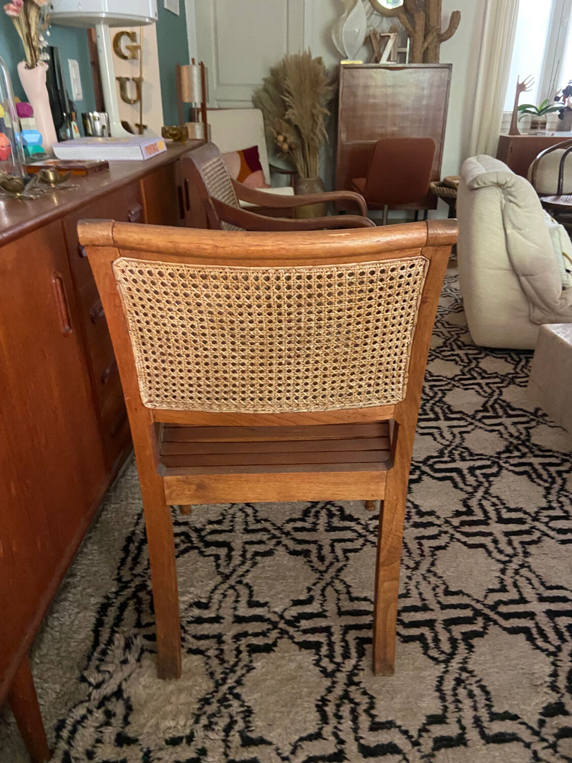 Pair of wood and cane armchairs