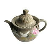 Théière japonaise Art Déco en porcelaine biscuit émaillée de grues et de fleurs