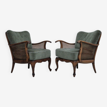 1950s, a pair of Danish armchairs in original condition, velour, ash wood, furniture mesh.