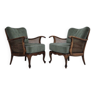 1950s, a pair of Danish armchairs in original condition, velour, ash wood, furniture mesh.