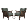 Années 1950, une paire de fauteuils danois dans leur état d'origine, velours, bois de frêne, grillage d'ameublement.