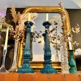 2 Large vintage duck blue wooden candlesticks