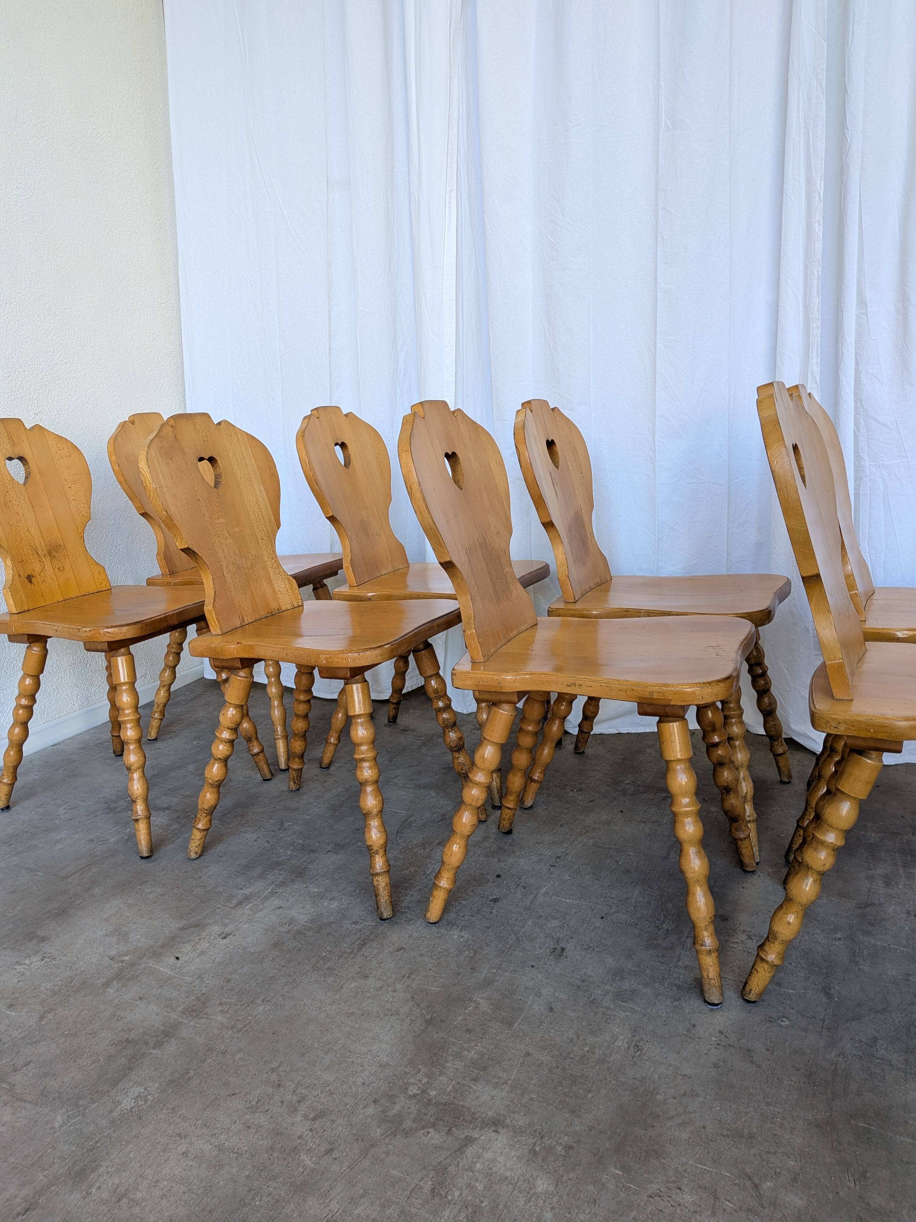 Set of 8 Vintage Tyrolean Heart Cutout Wooden Dining Chairs, Rustic Farmhou