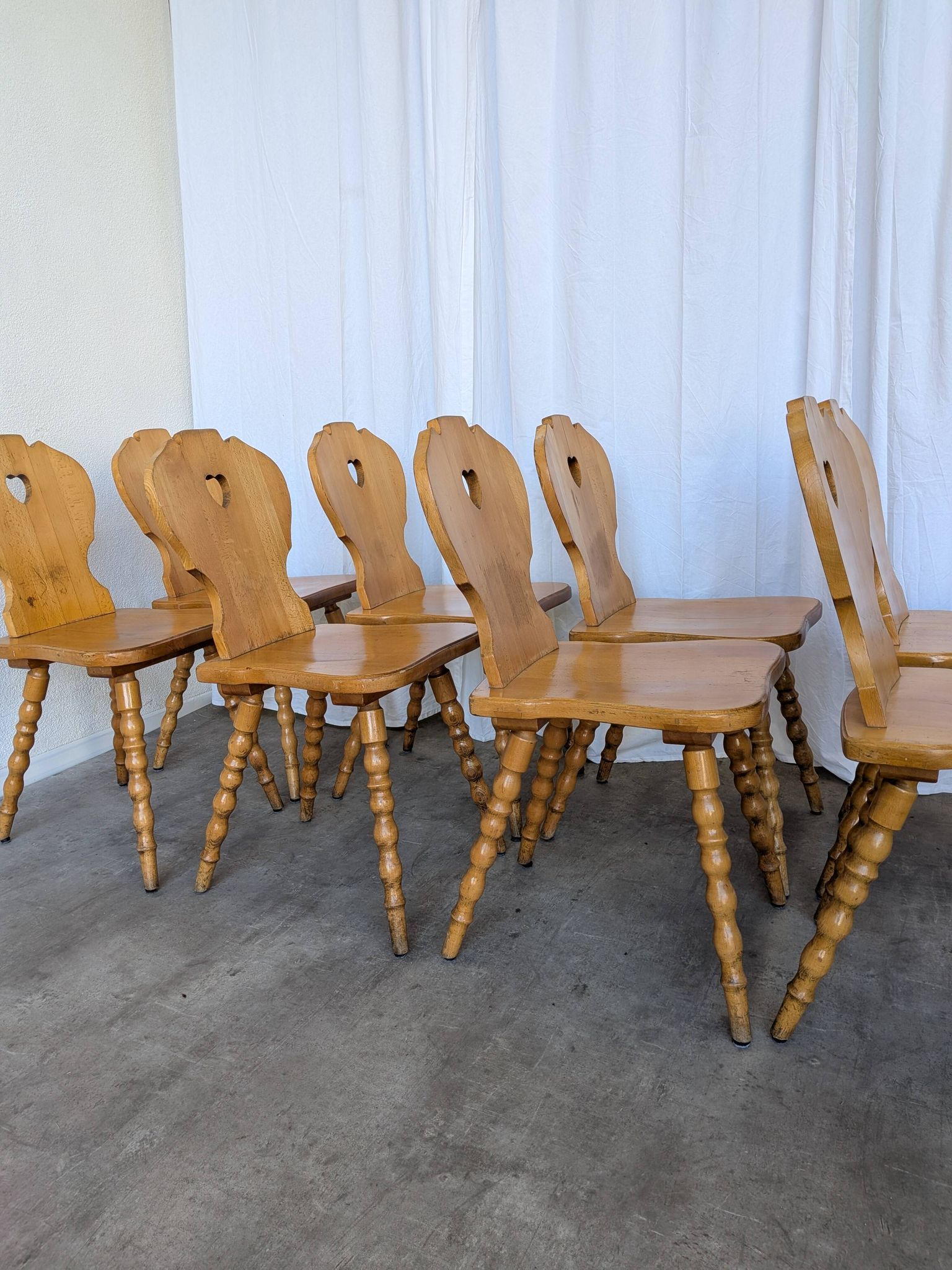 Set of 8 Vintage Tyrolean Heart Cutout Wooden Dining Chairs, Rustic Farmhou