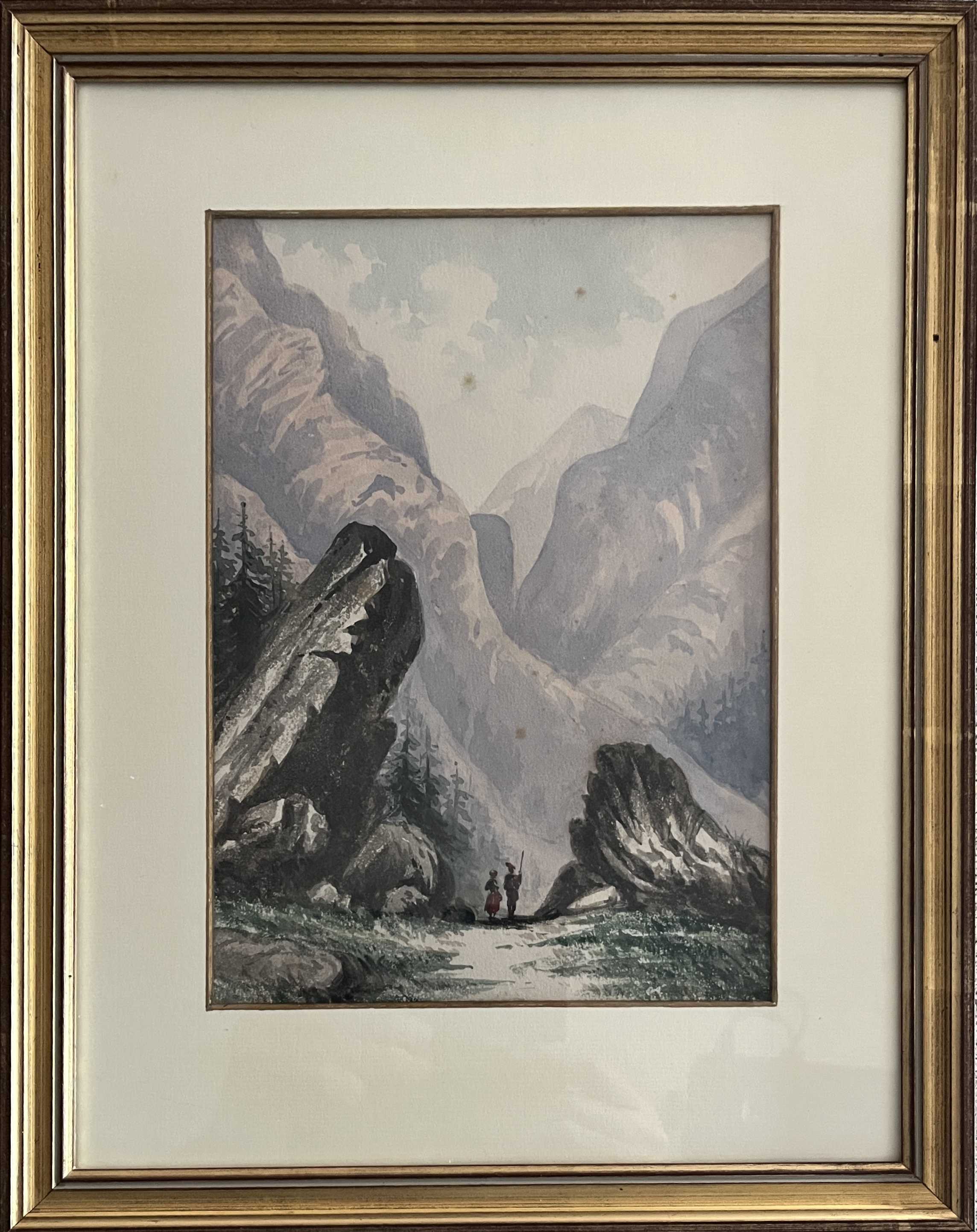 Original watercolour painting "Animated Mountain Landscape" Switzerland? + frame
