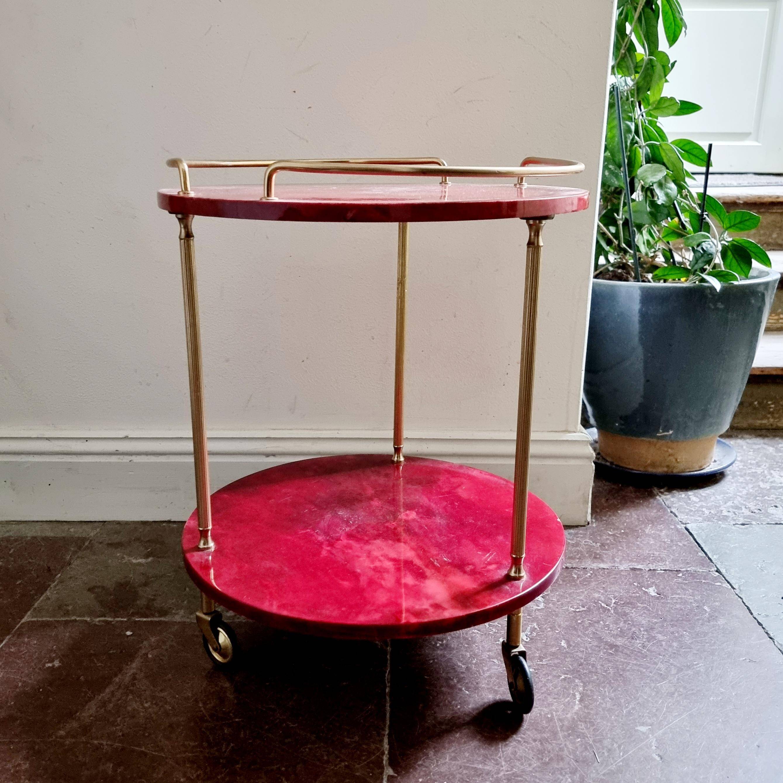 Aldo Tura bar cart, red goat leather, mid-century Italian / Hollywood Regency