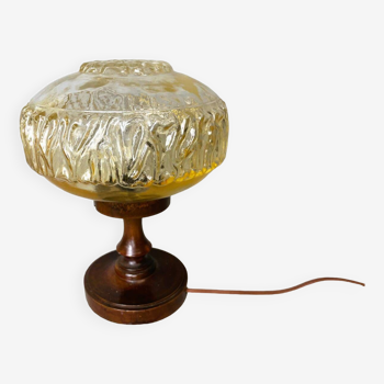Small wood and iridescent amber glass table lamp