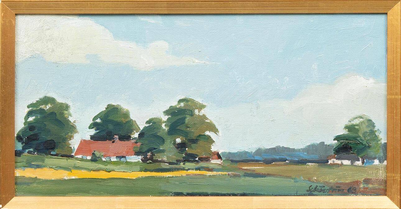 Original Swedish Oil on Canvas – “Landscape with Farms” by Schörström