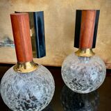 Pair of wall lights with blown glass balls, metal and teak from the 50s