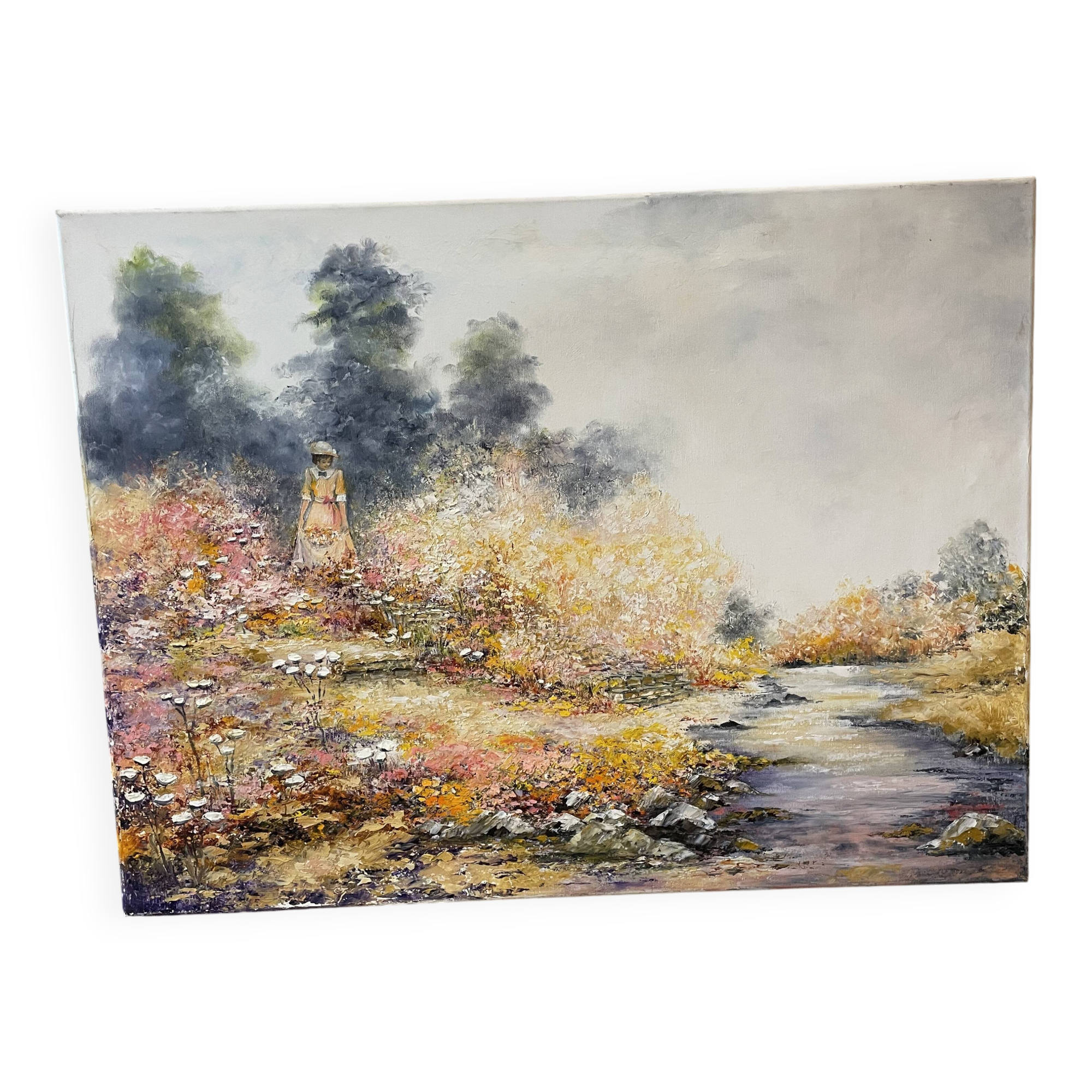 Animated landscape painting oil on canvas signed