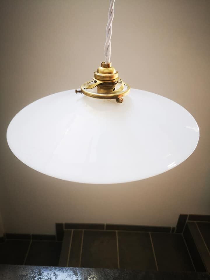 Old suspension lampshade opaline white walkman Art Deco 1930 Ø 25.5 cm n°3