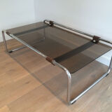 Coffee table in chrome, leather and smoked glass